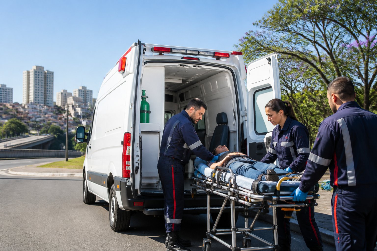 Uma ambulância particular estacionada em uma rua urbana de Sorocaba, com paramédicos uniformizados preparando equipamentos médicos ao lado.
