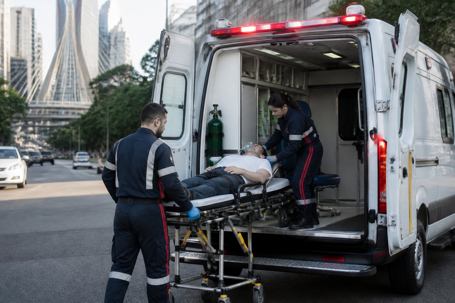 Uma ambulância particular em São Paulo com paramédicos atendendo um paciente em uma rua da cidade.