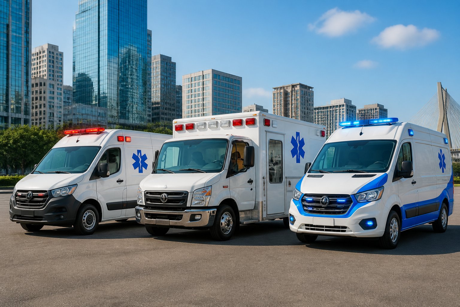 Três tipos diferentes de ambulâncias particulares estacionadas lado a lado em um ambiente urbano durante o dia.