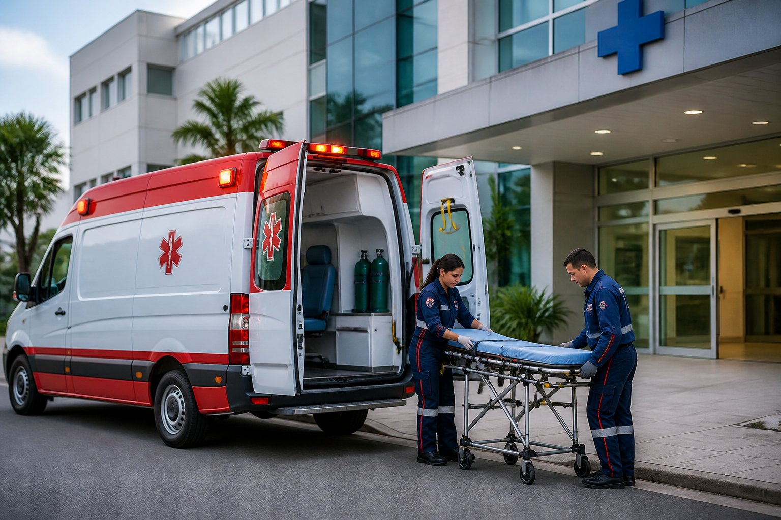 Ambulância brasileira com paramédicos preparando equipamentos em frente a um hospital durante o dia.