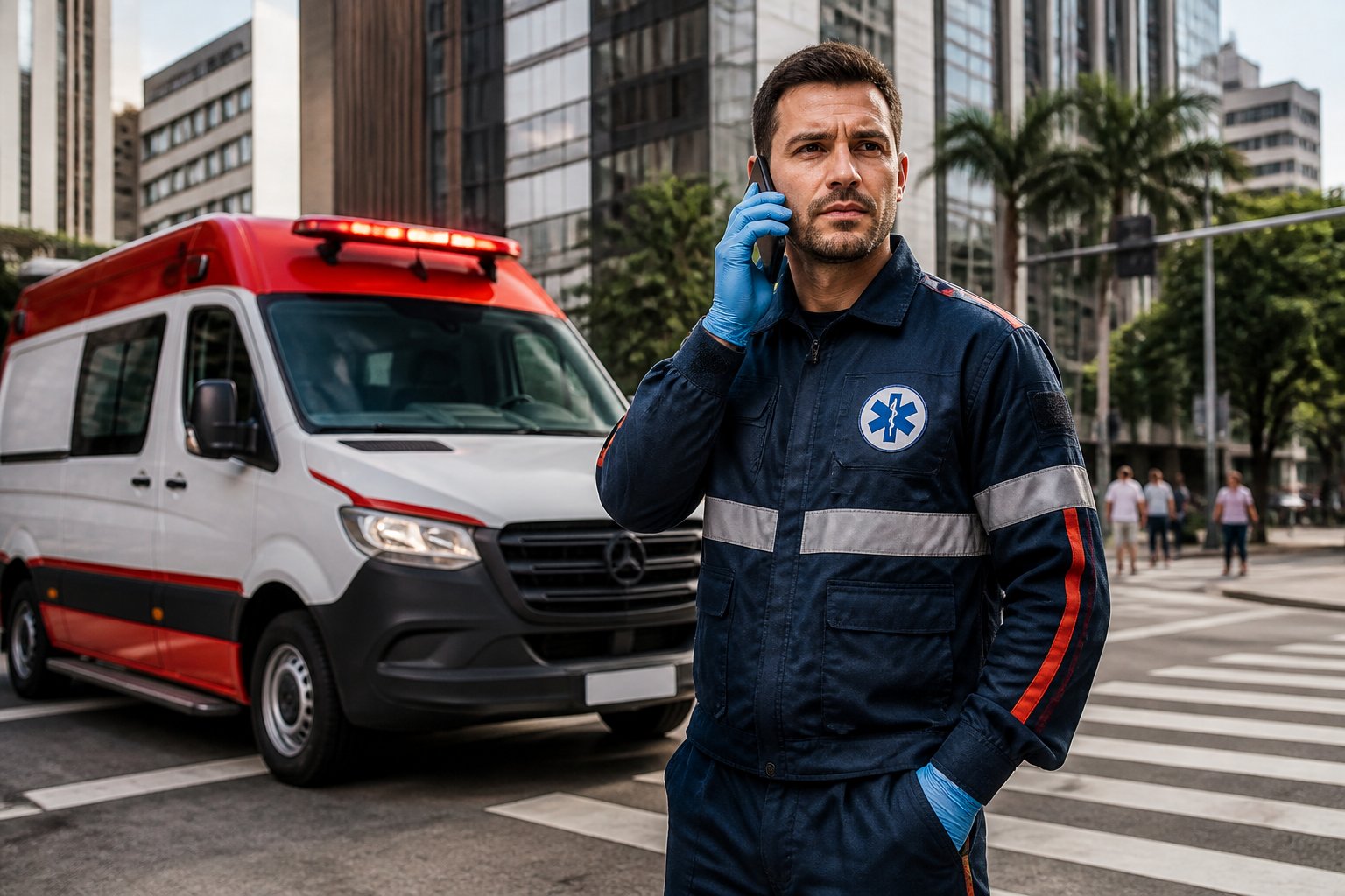 Ambulância estacionada em uma rua movimentada de São Paulo com um paramédico falando ao telefone.