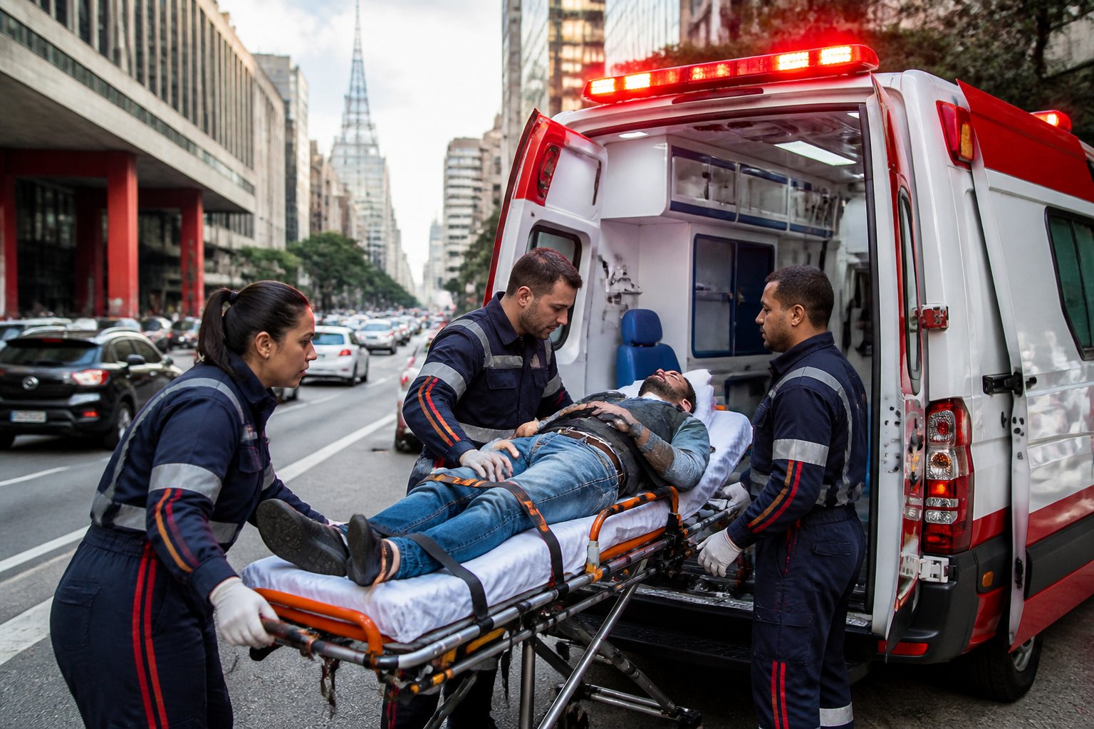 Ambulância com luzes de emergência ligadas em uma rua movimentada de São Paulo, com profissionais de saúde atendendo um paciente em uma maca.