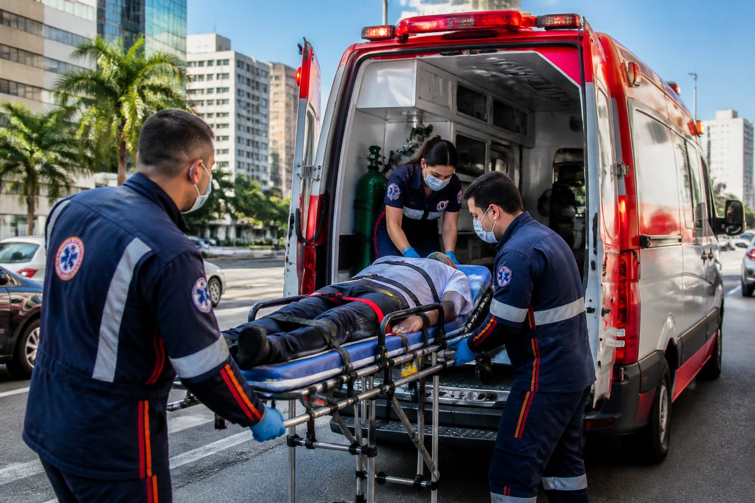Ambulância de emergência com paramédicos atendendo um paciente em uma rua urbana no Brasil.