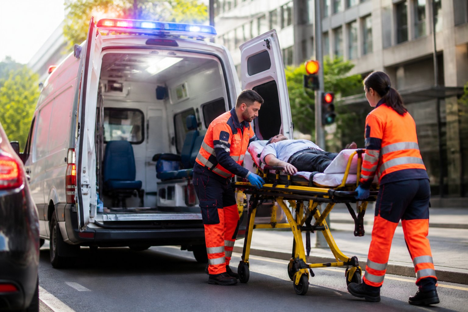 Uma ambulância com luzes ligadas estacionada na rua enquanto paramédicos atendem um paciente em uma maca.