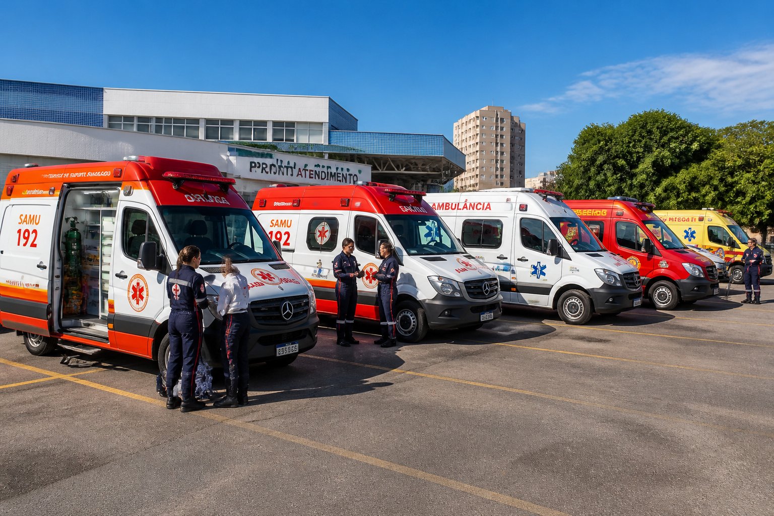 Diversos tipos de ambulâncias brasileiras estacionadas lado a lado com paramédicos uniformizados próximos, em frente a um hospital.