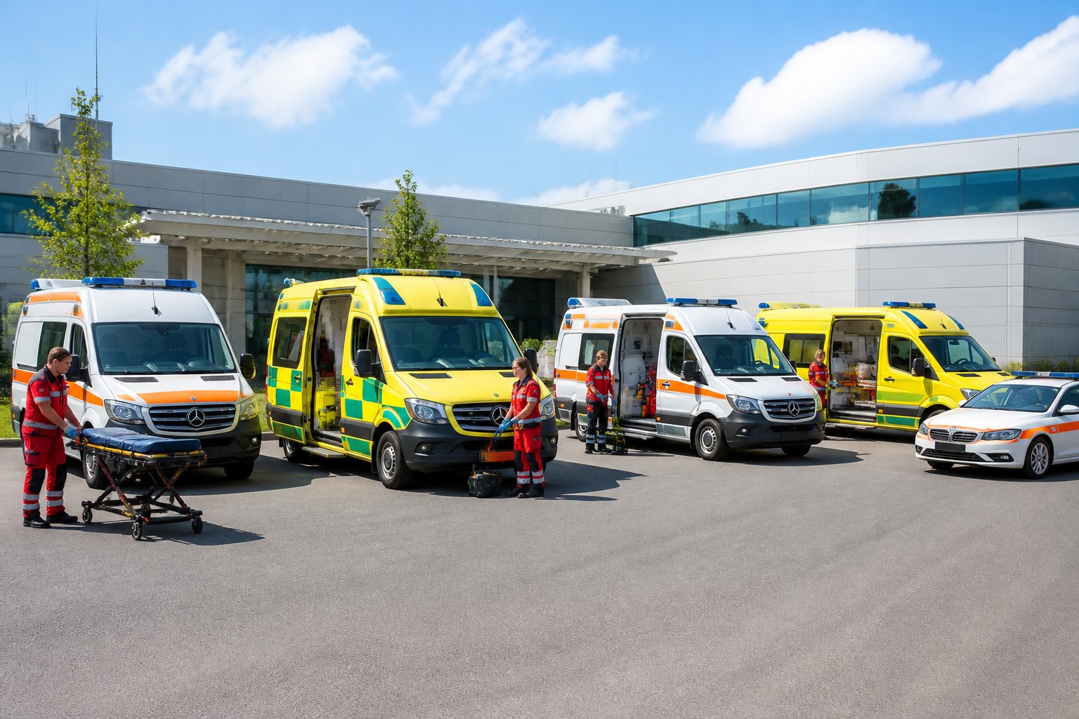 Vários tipos de ambulâncias estacionadas com profissionais de saúde ao redor, em frente a uma unidade de emergência.