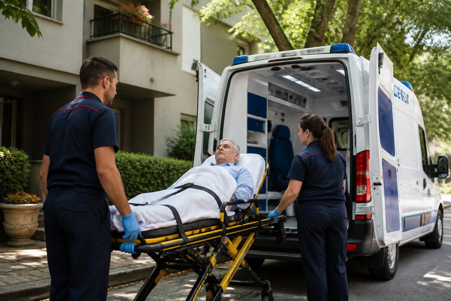 Paramédicos atendendo um paciente em uma ambulância particular estacionada em frente a um prédio residencial.