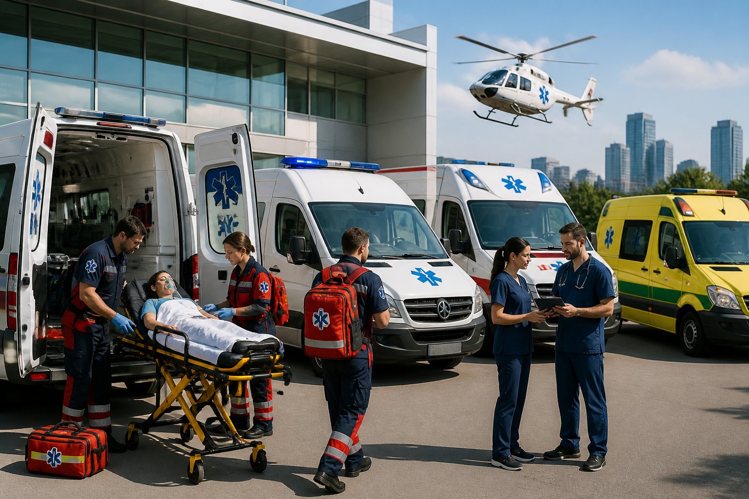 Várias ambulâncias de diferentes modelos com equipes médicas uniformizadas atendendo um paciente em uma área urbana próxima a um hospital.