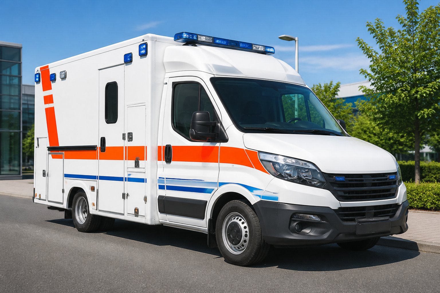Ambulância categoria B branca estacionada ao ar livre em ambiente urbano, vista de frente em ângulo, com luzes de emergência azuis no teto.