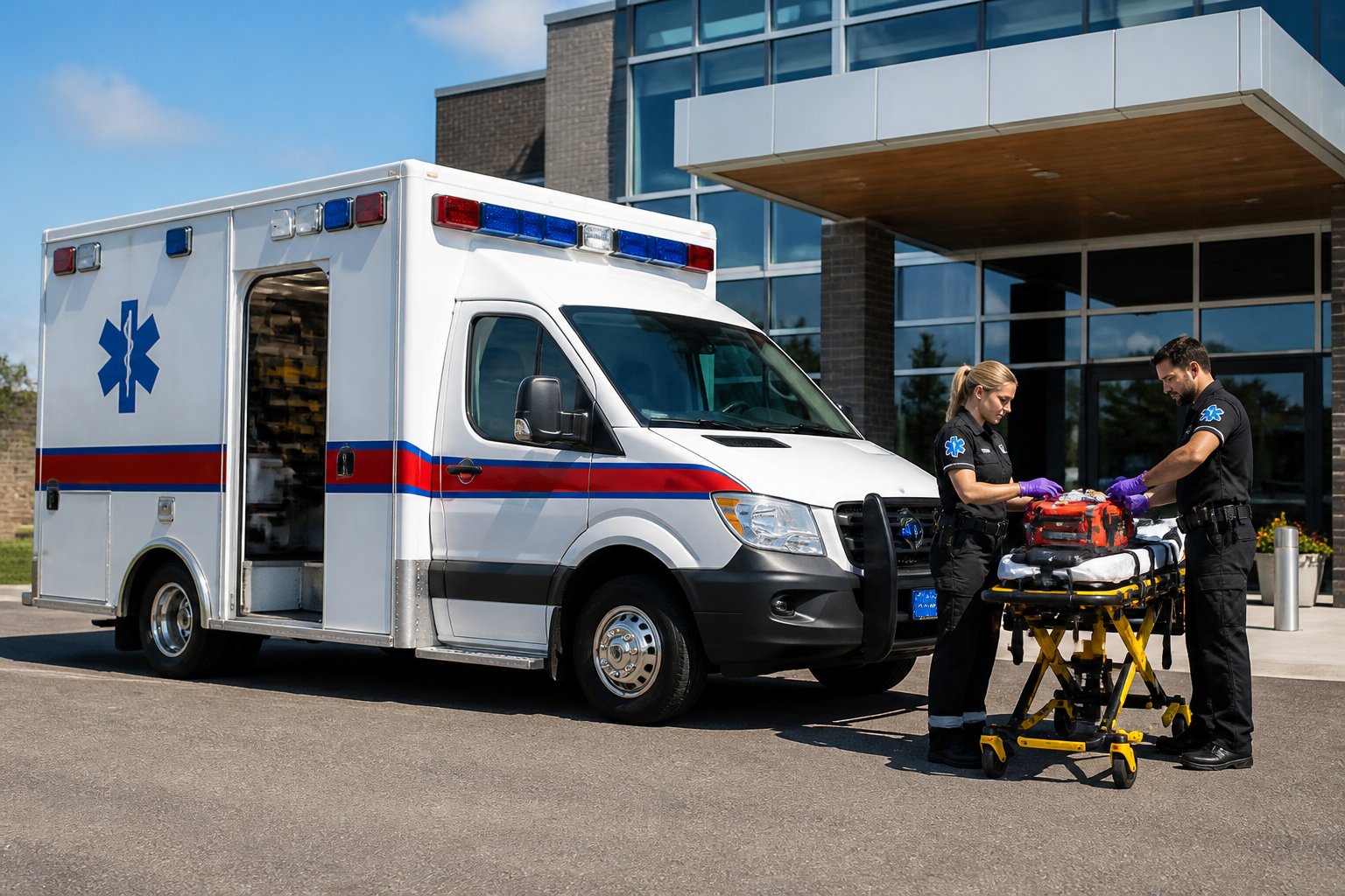 Ambulância categoria B estacionada fora de um hospital com paramédicos preparando equipamentos médicos.