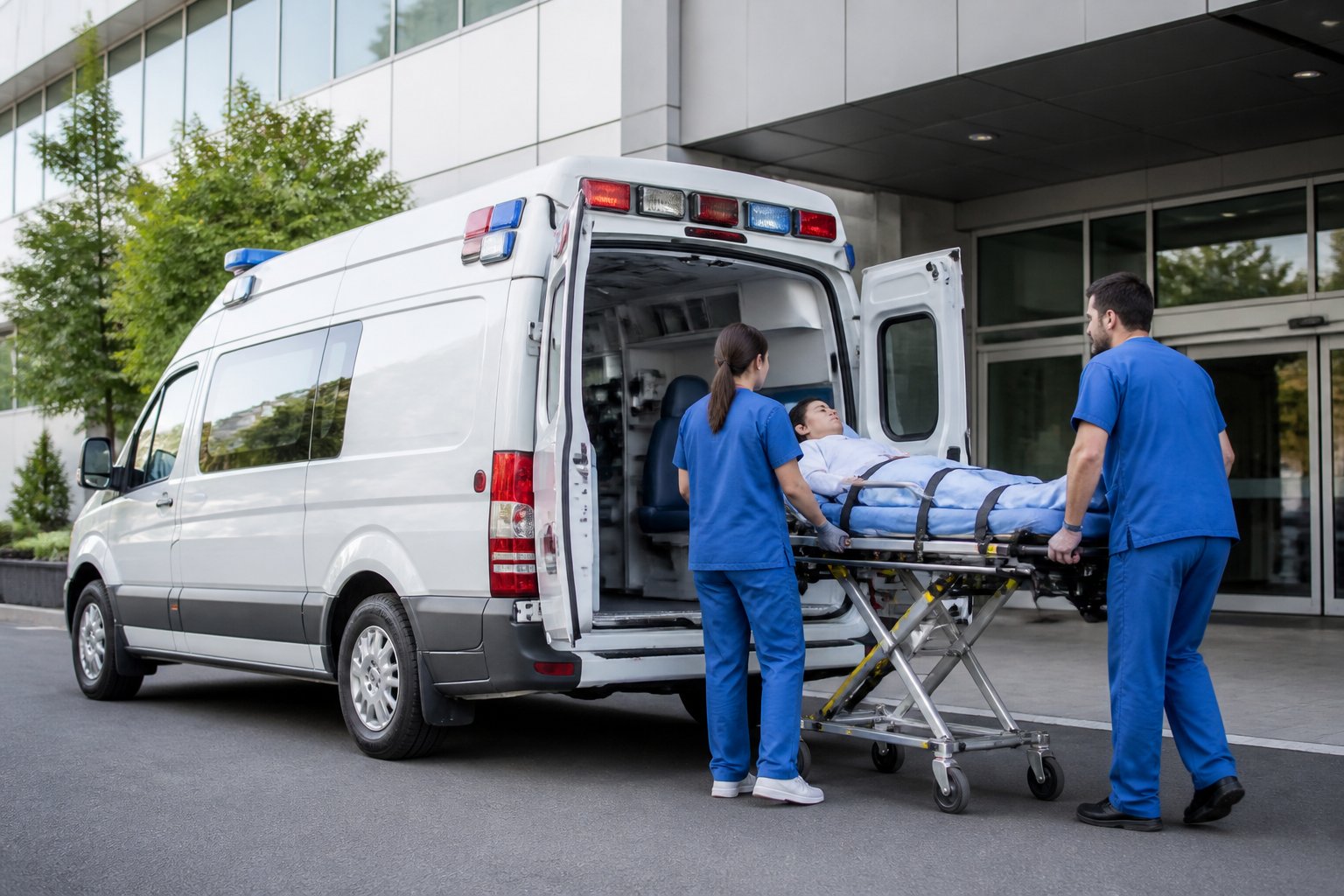 Ambulância branca com luzes de emergência estacionada em frente a um hospital, com profissionais de saúde ajudando um paciente em uma maca a entrar no veículo.