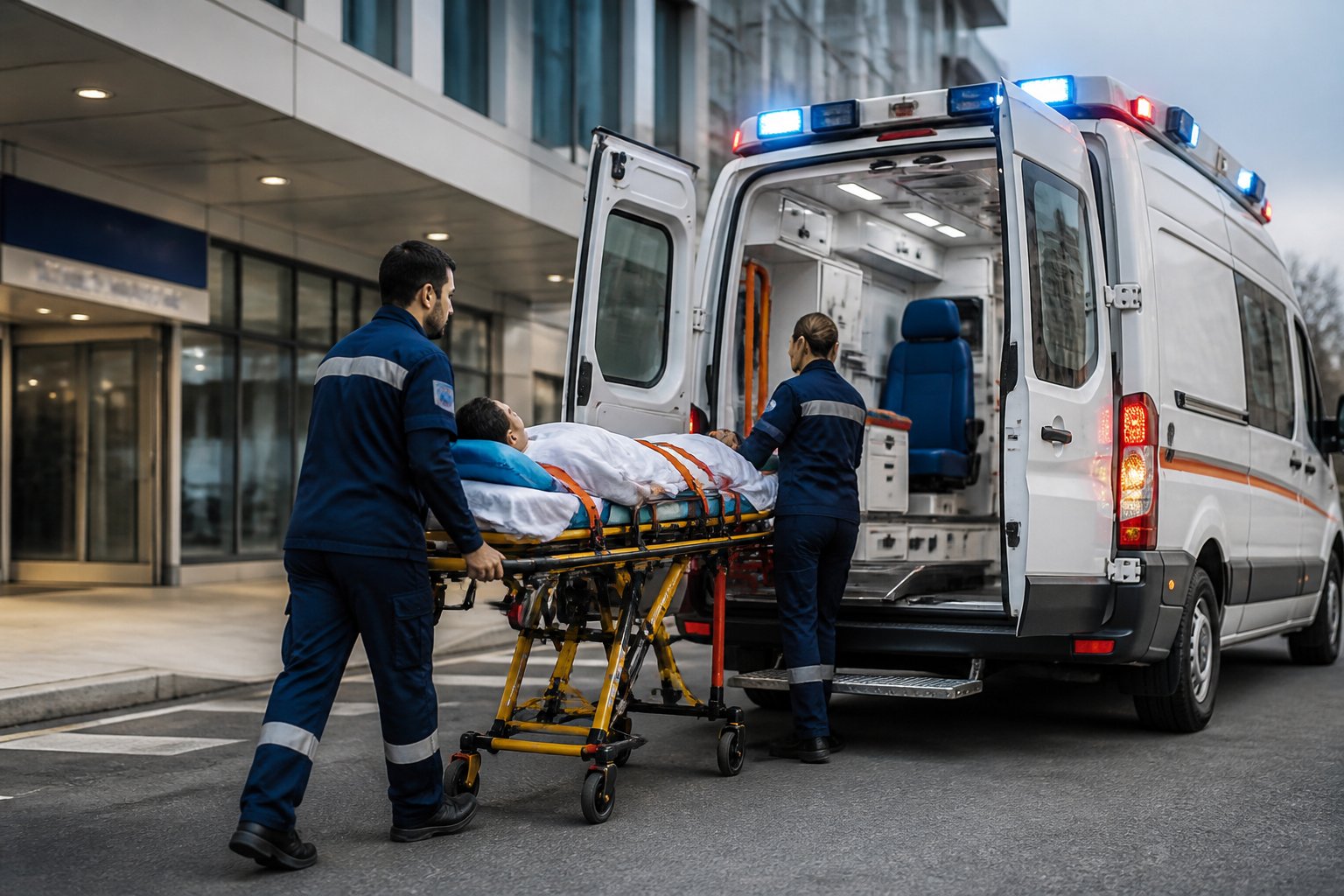 Ambulância estacionada em frente a um hospital com profissionais de saúde transportando um paciente em uma maca.