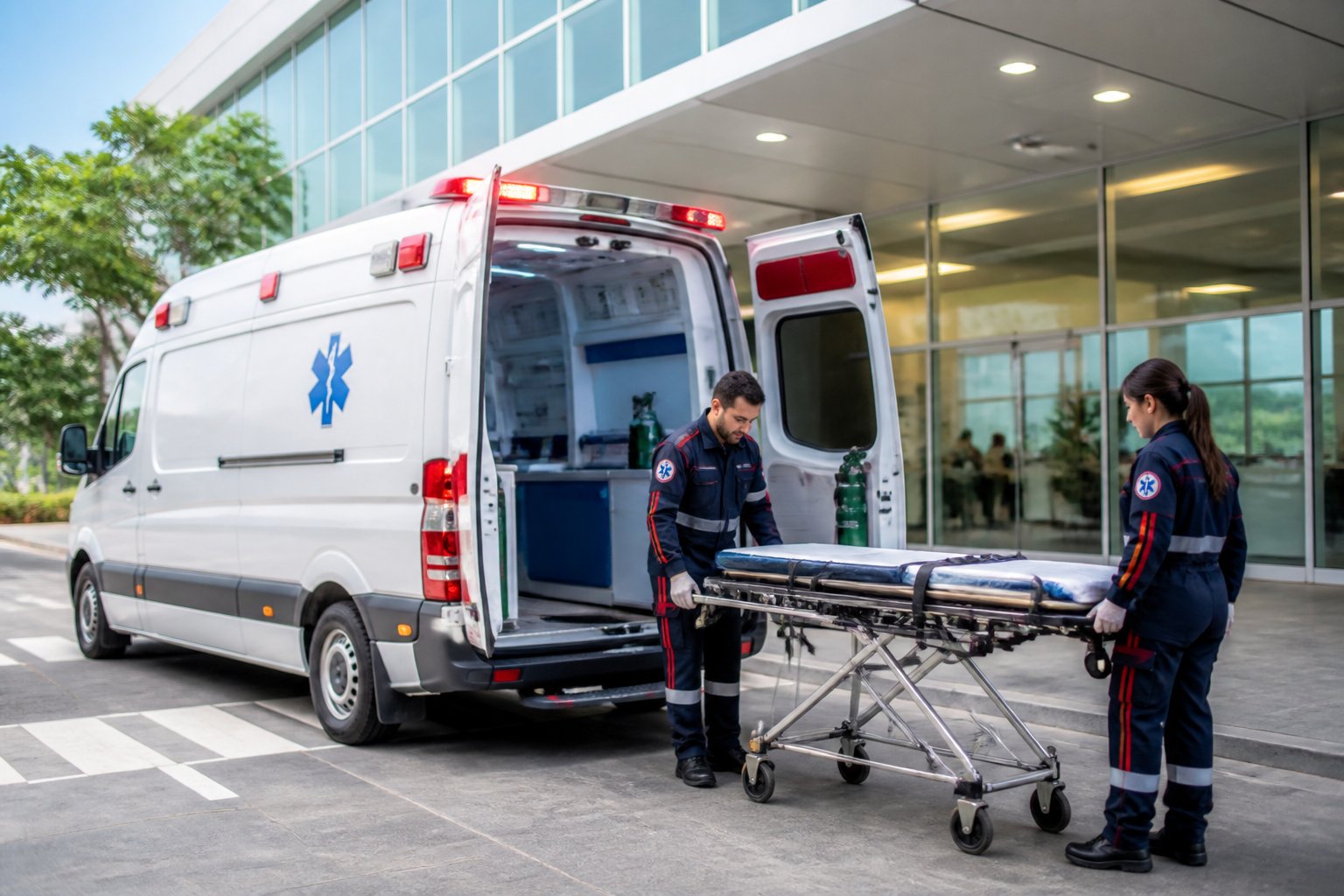 Ambulância semi UTI estacionada em frente a um hospital moderno, com paramédicos preparando equipamentos médicos próximos à porta traseira aberta.