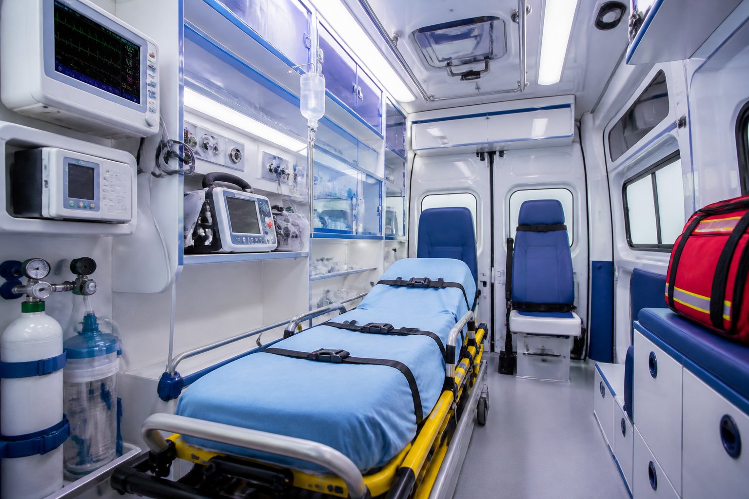 Interior de uma ambulância semi UTI mostrando equipamentos médicos essenciais e recursos tecnológicos organizados.