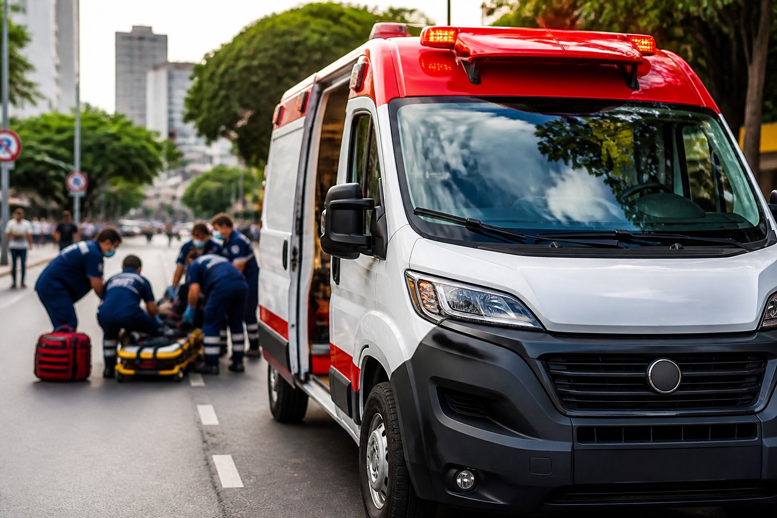 Uma ambulância de emergência brasileira parada em uma rua urbana, com paramédicos atendendo uma situação de emergência ao fundo.