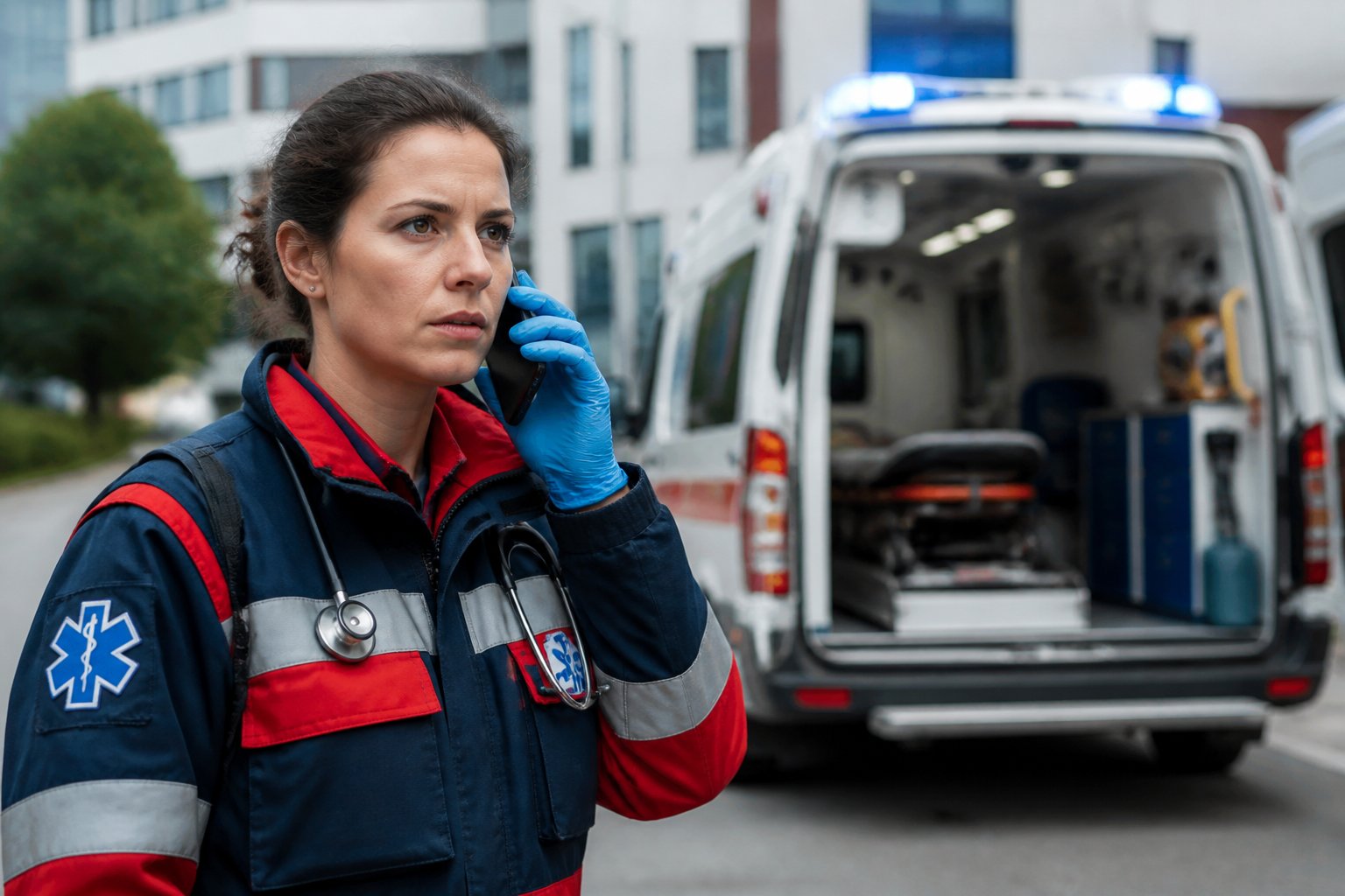 Paramédico atendendo uma ligação de emergência com uma ambulância estacionada ao fundo.