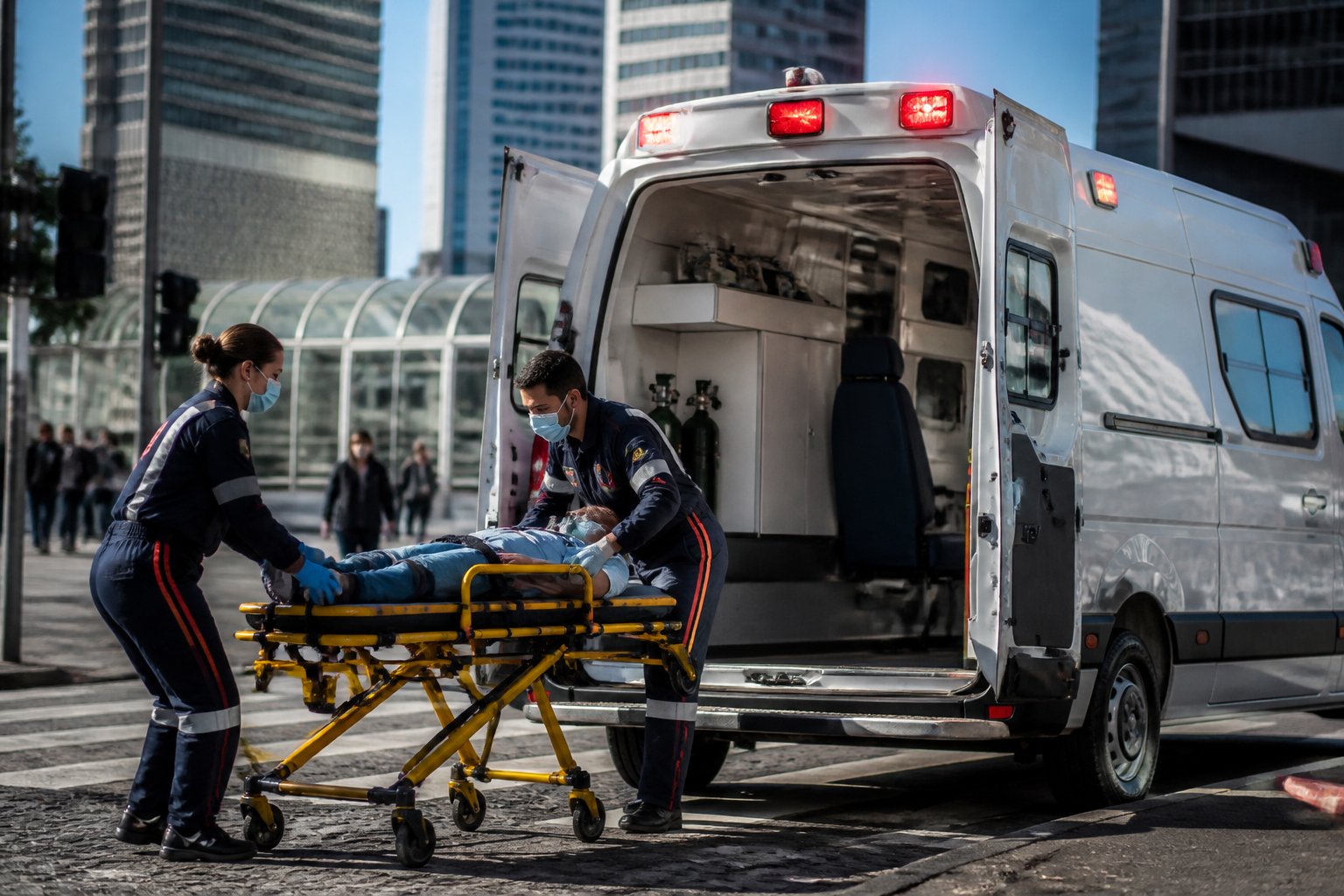 Ambulância de emergência em uma rua de Curitiba com paramédicos atendendo um paciente em uma maca.