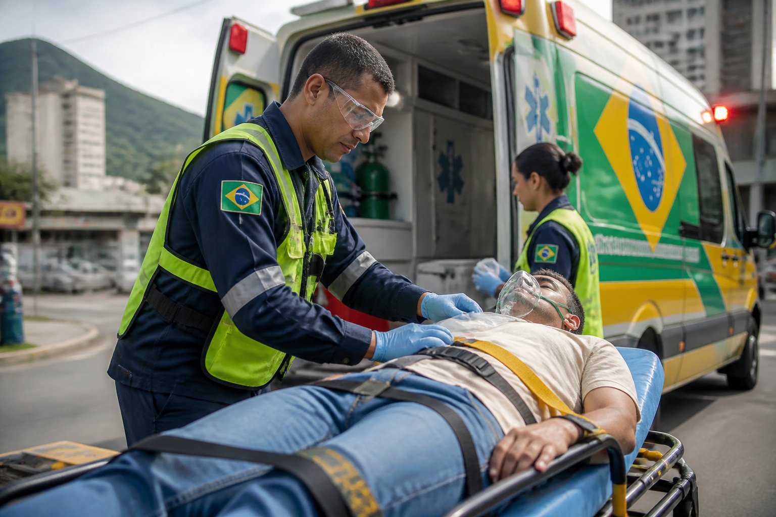 Paramédico atendendo paciente em uma maca próximo a uma ambulância em uma rua urbana no Brasil.