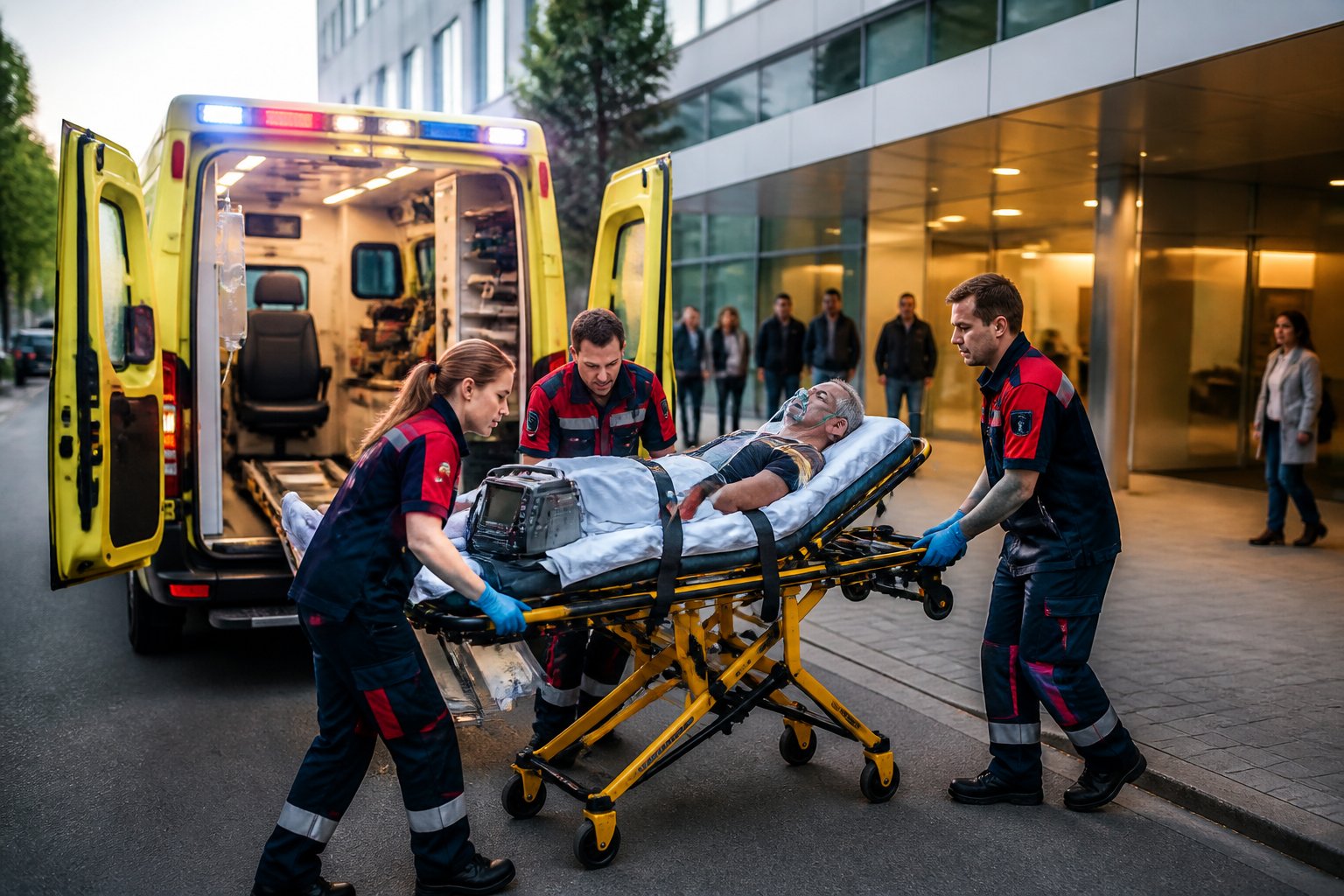 Paramédicos atendendo um paciente em uma ambulância estacionada em frente a um hospital.
