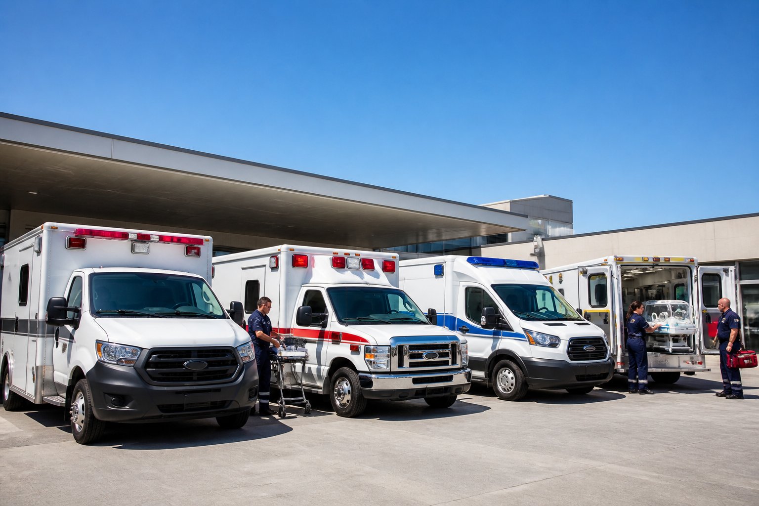 Linha de ambulâncias modernas estacionadas em um ambiente hospitalar, com profissionais de saúde próximos, prontos para atendimento.