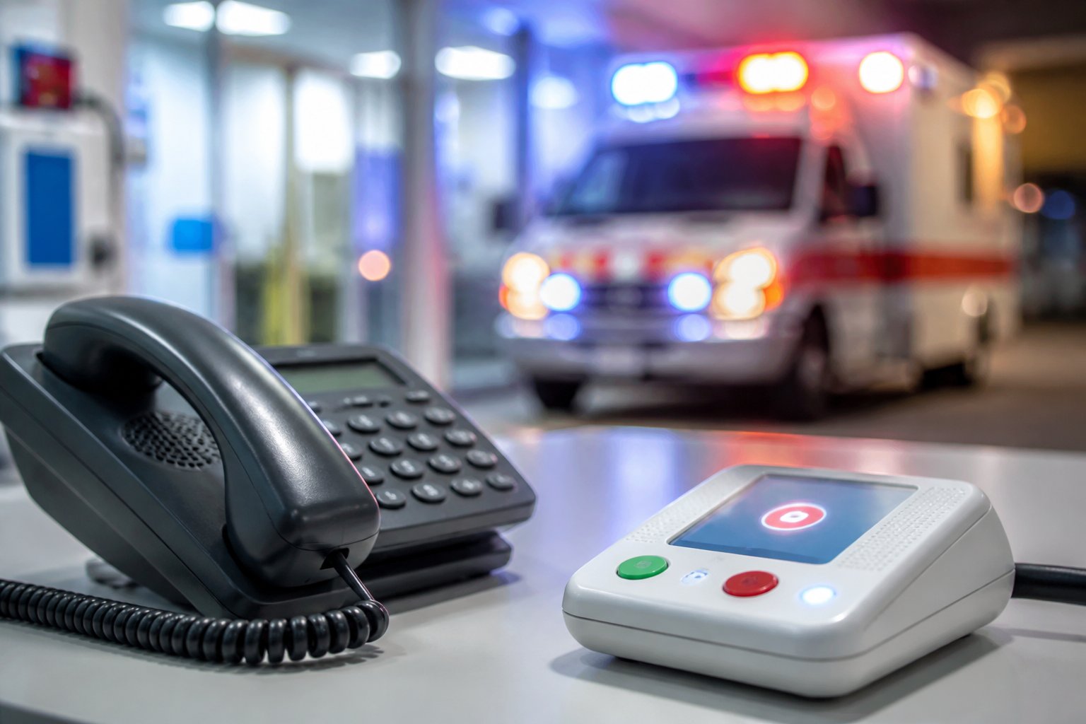 Telefone de emergência ao lado de aparelho de chamada digital com ambulância ao fundo em ambiente hospitalar.