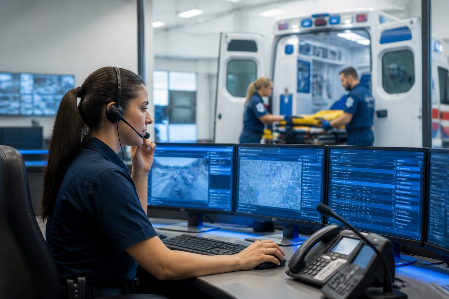 Central de atendimento de emergência com despachante usando headset e equipe de paramédicos preparando ambulância para resgate.