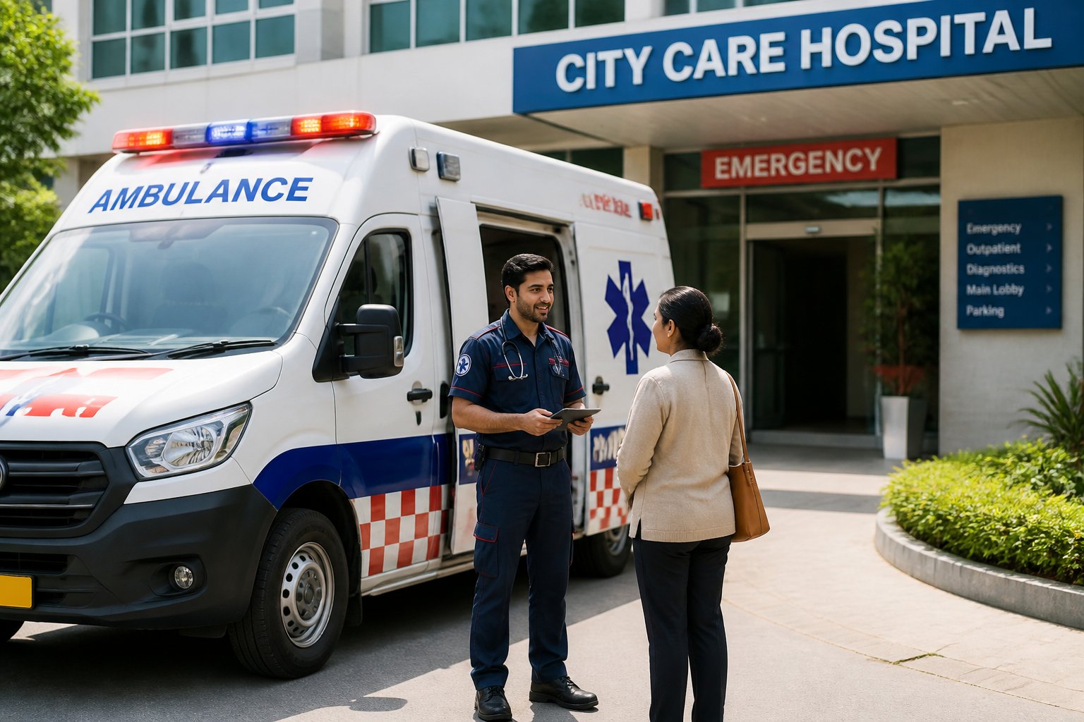 Ambulância estacionada na entrada de um hospital com um paramédico conversando com uma pessoa, transmitindo cuidado e profissionalismo.