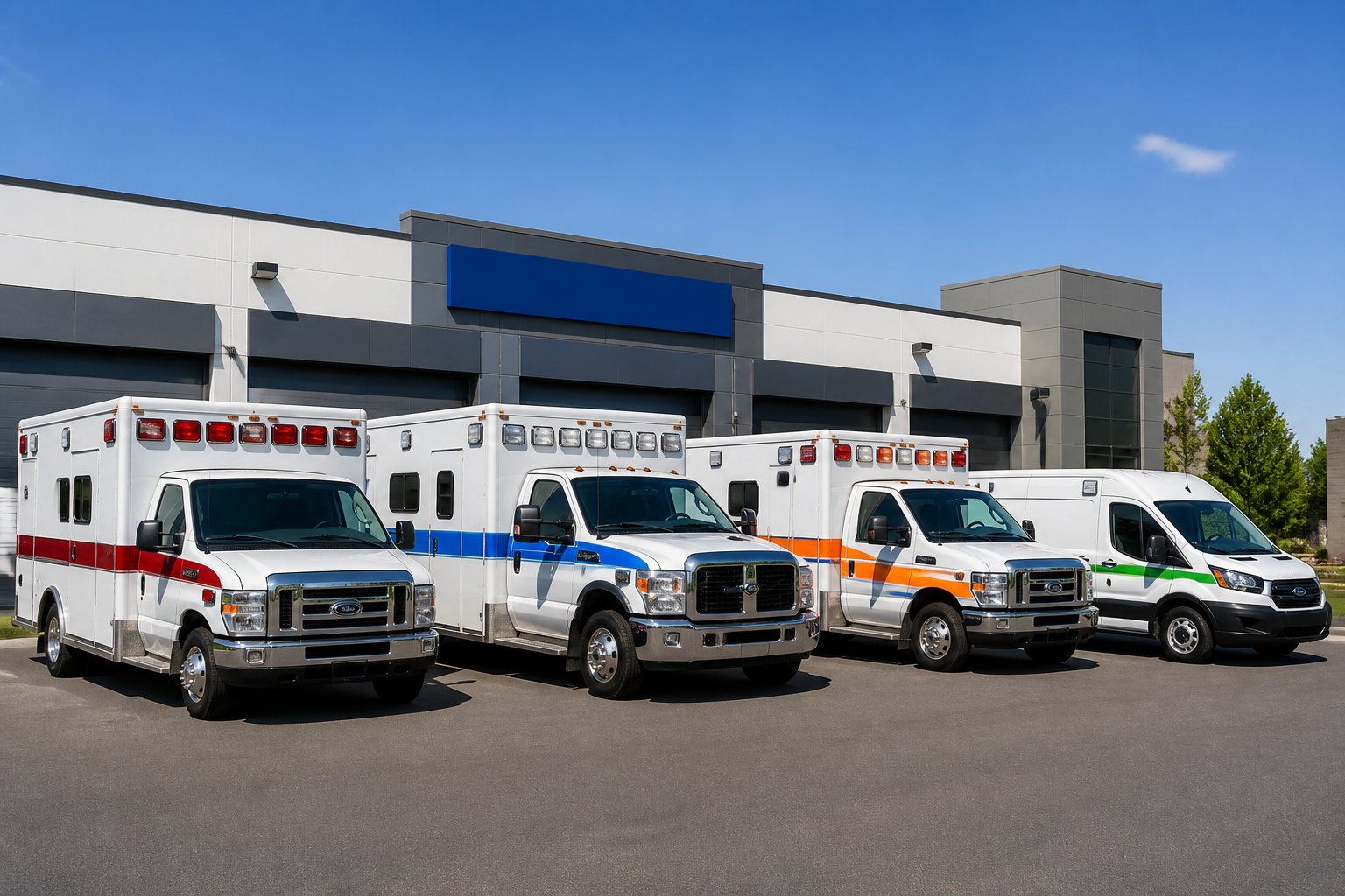Vários tipos de ambulâncias estacionadas em um pátio ao ar livre, prontas para locação, com um prédio moderno ao fundo.