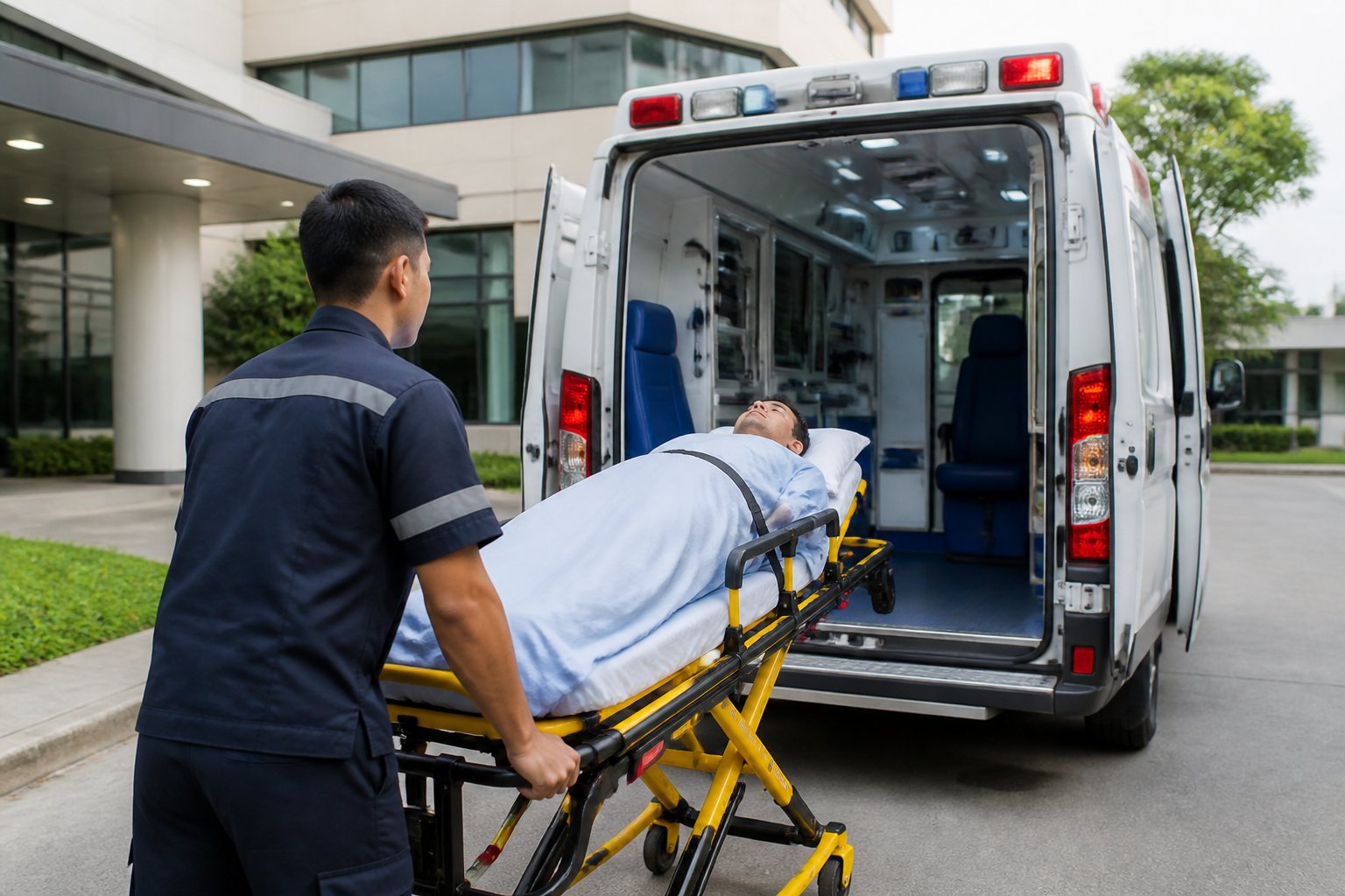 Ambulância particular estacionada em frente a um hospital com um paramédico ajudando um paciente em uma maca.