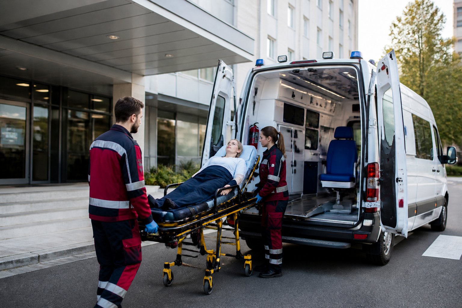 Ambulância particular estacionada em frente a um hospital com paramédicos ajudando um paciente em uma maca.