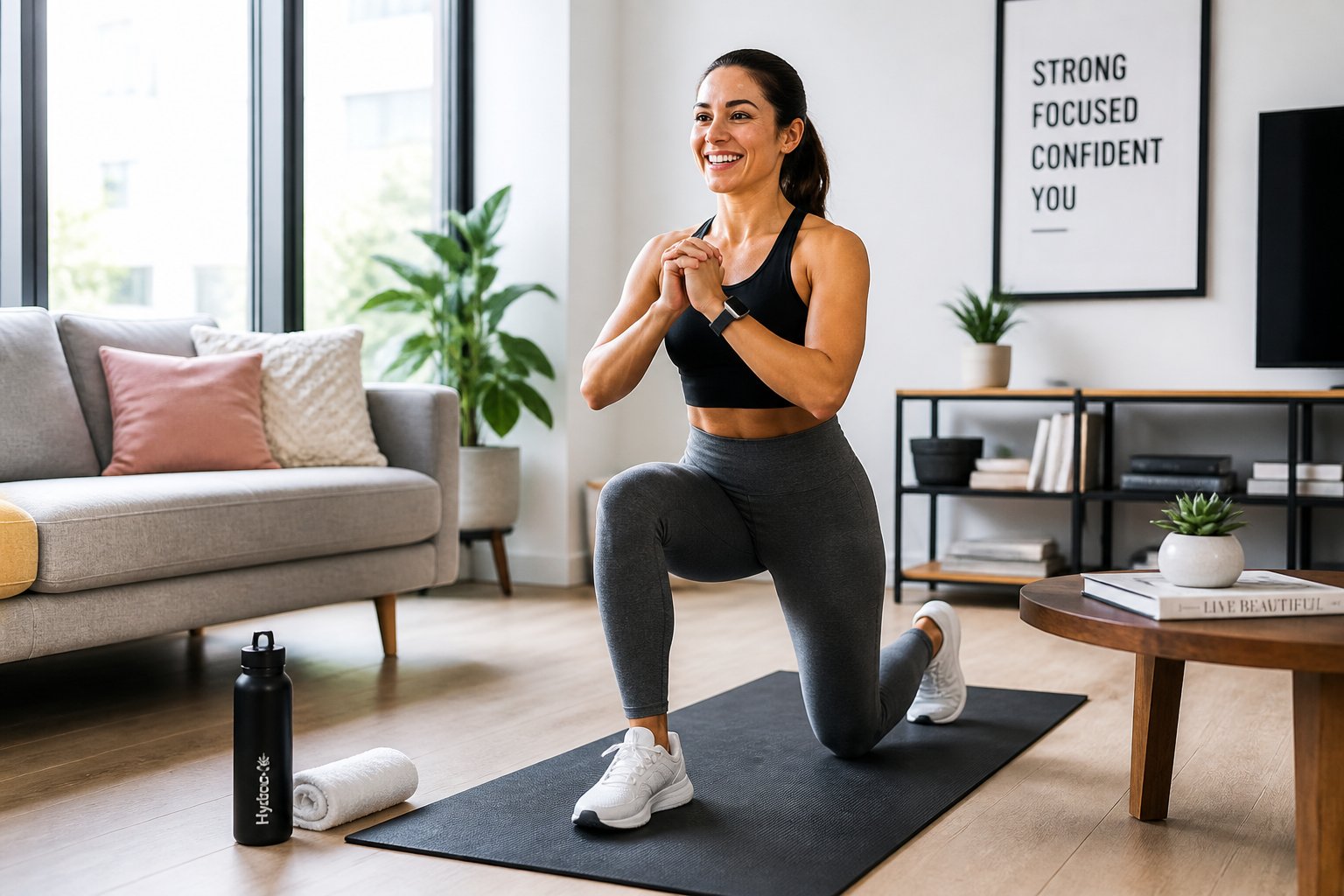 A professional woman exercising in a bright living room, doing a quick workout without gym equipment.