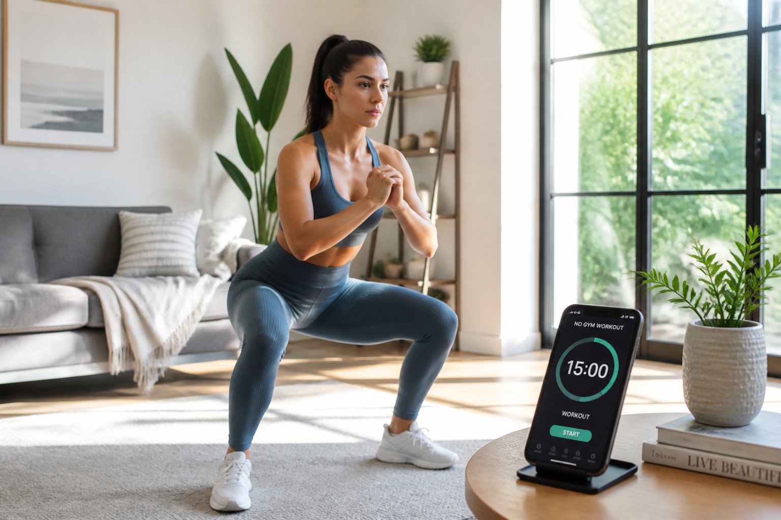 A woman in activewear doing bodyweight exercises in a bright living room with a smartphone timer nearby.