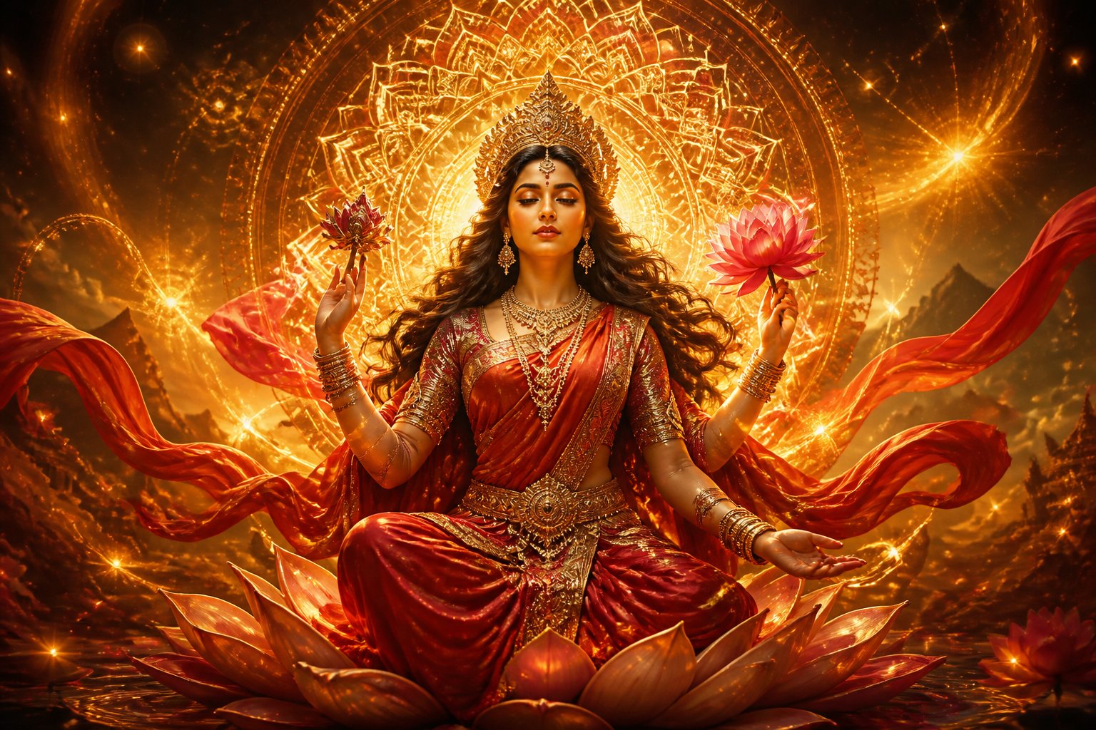 Eine kraftvolle weibliche Figur umgeben von leuchtenden Mandalas und Lotusblumen, die die göttliche Energie Shakti symbolisiert.