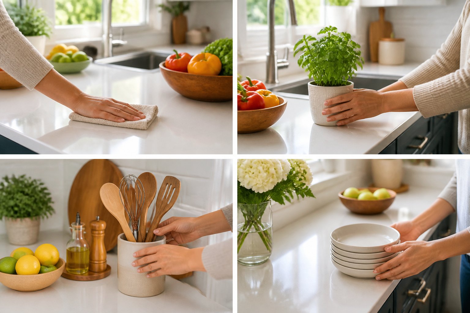 A clean kitchen counter with hands wiping the surface, arranging utensils, placing a small plant, and organizing dishes.