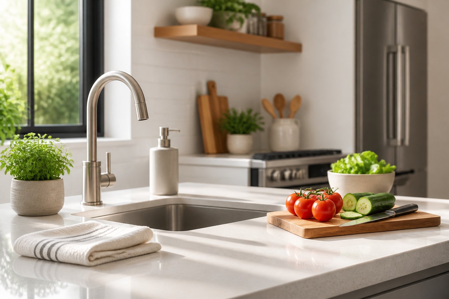 A clean kitchen counter with fresh vegetables, a small plant, and kitchen accessories in a bright, organized kitchen.
