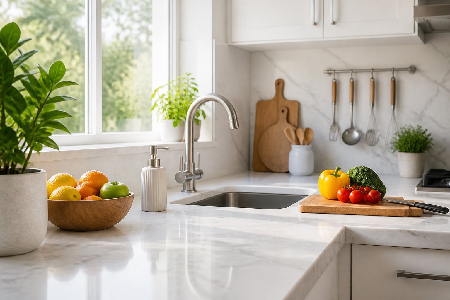 A clean and organized kitchen countertop with a potted plant, bowl of fruit, cutting board with vegetables, and a soap dispenser near the sink.