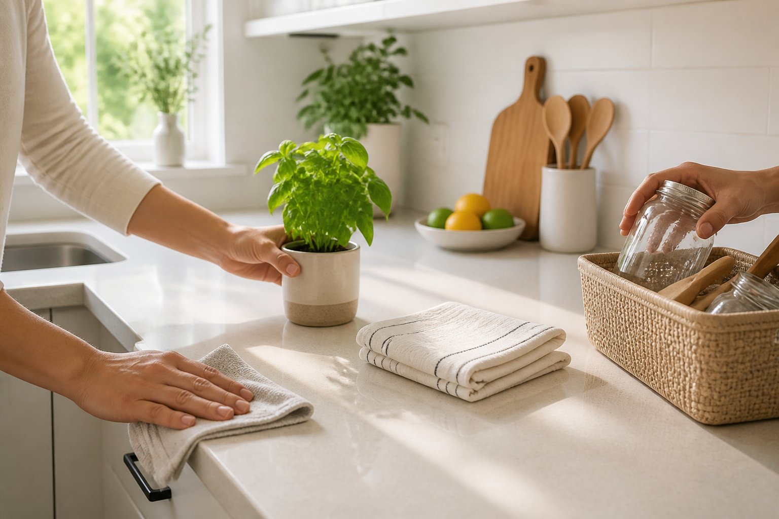 Hands tidying a modern kitchen countertop with a cloth, potted herb, and kitchen towel, creating a clean and organized cooking space.