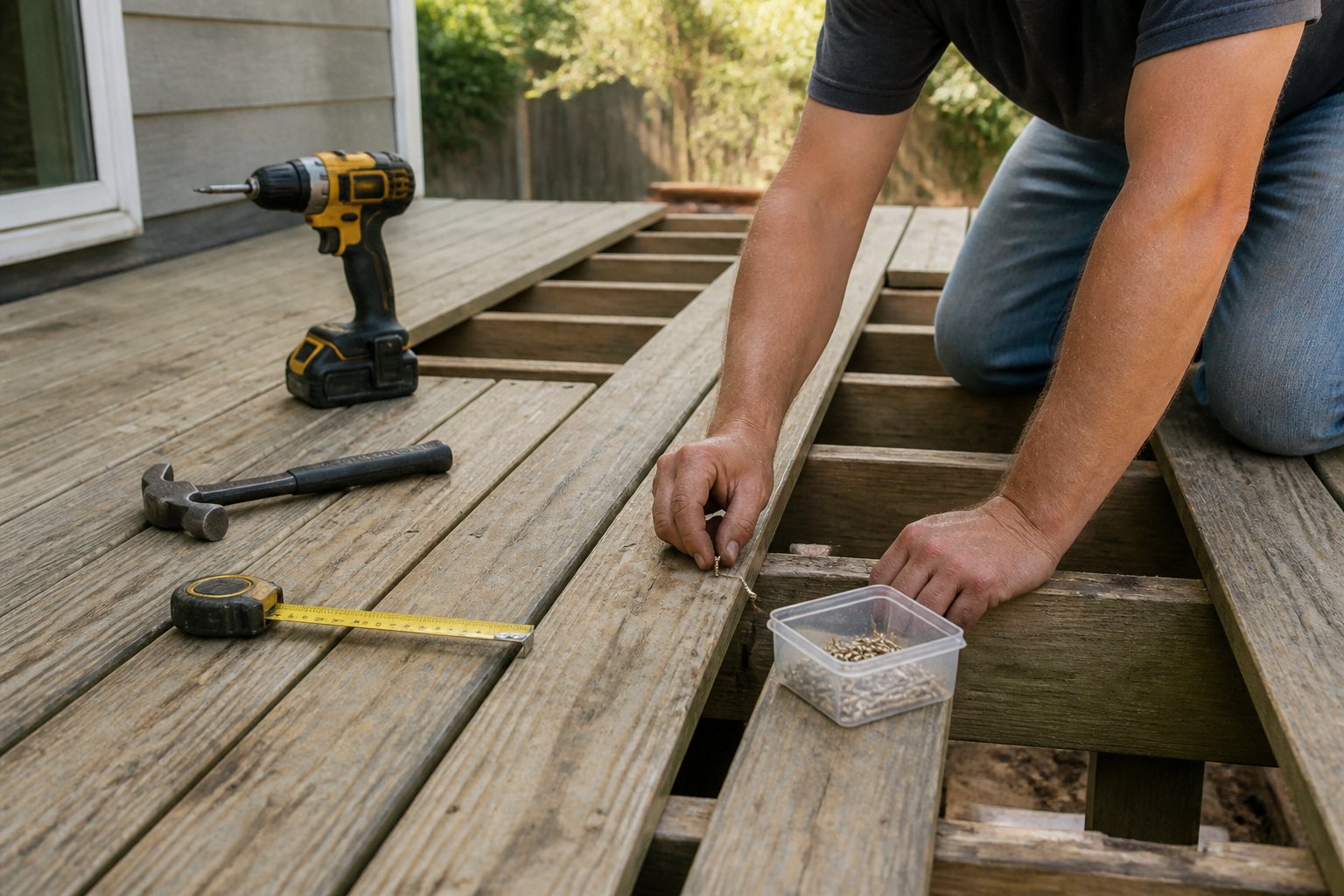 A casual scene of a partially built wooden deck with tools and hands working on it in natural daylight.