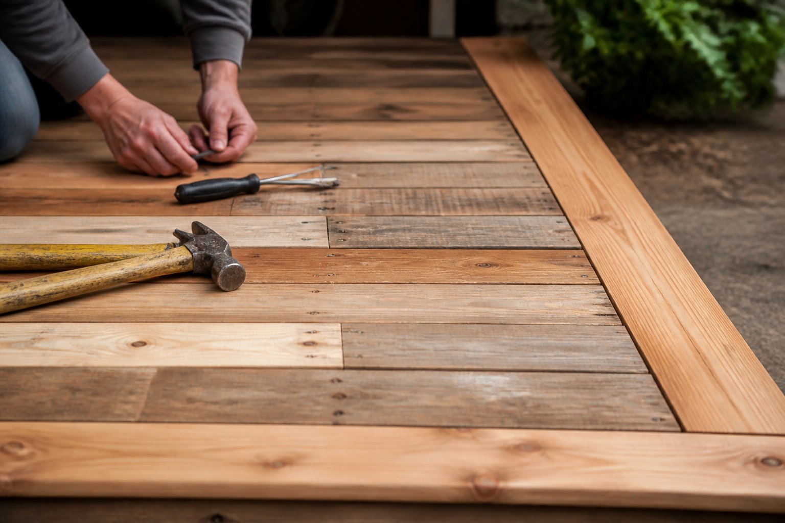 Close-up view of a staggered pallet-wood deck with sealed cedar trim, showing wood grain and a few tools resting on the surface.