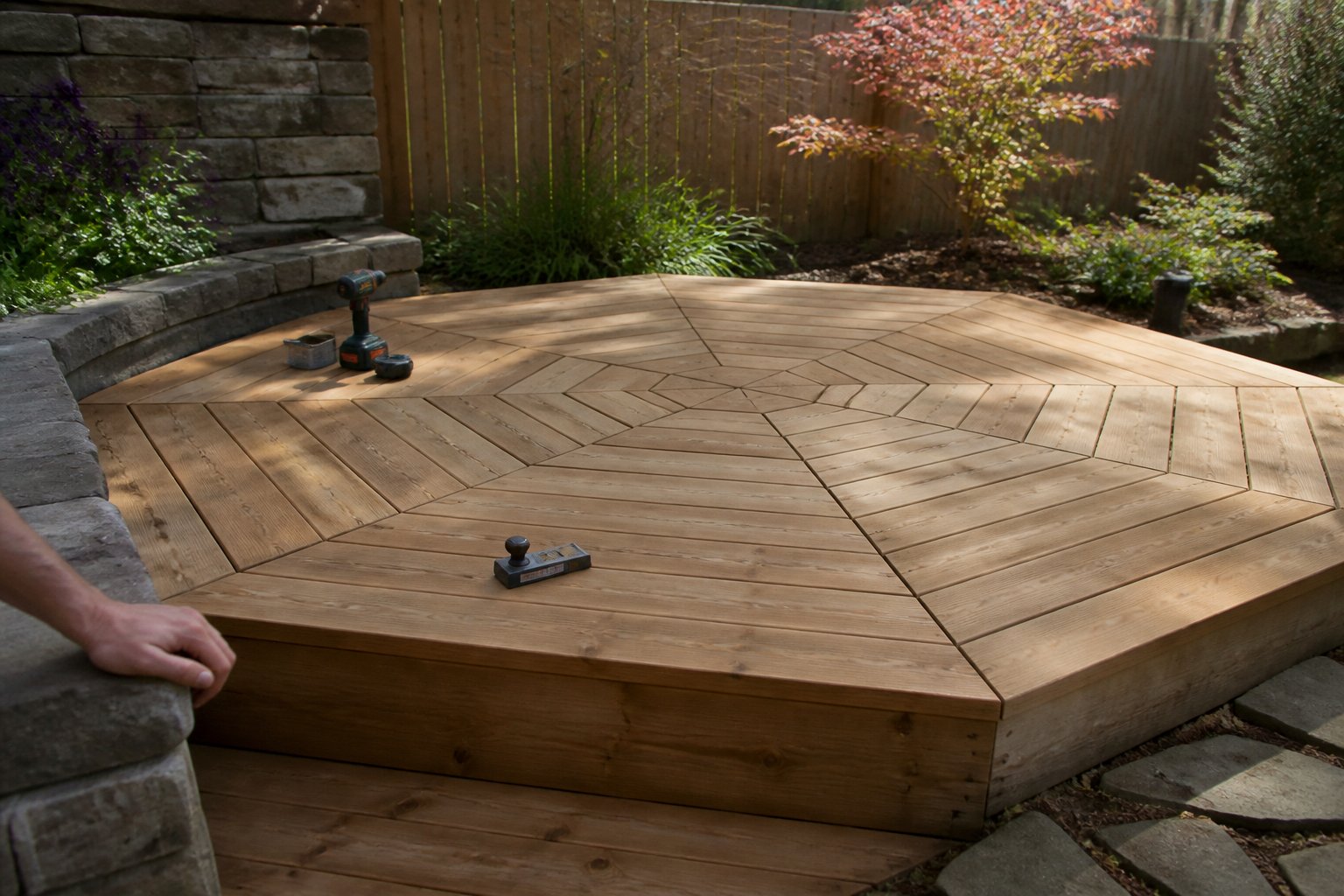 A hexagonal wooden deck platform for a hot tub or seating area with tools and hands resting on it, shown outdoors in soft daylight.