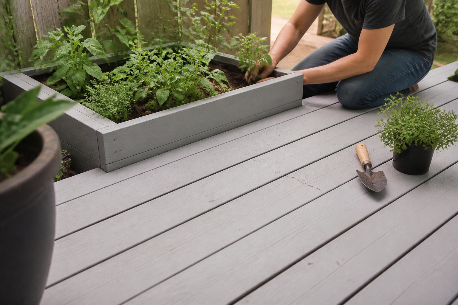 Painted cedar slat deck with integrated planter boxes containing green plants, with hands working on the plants and a hand tool resting on the deck.
