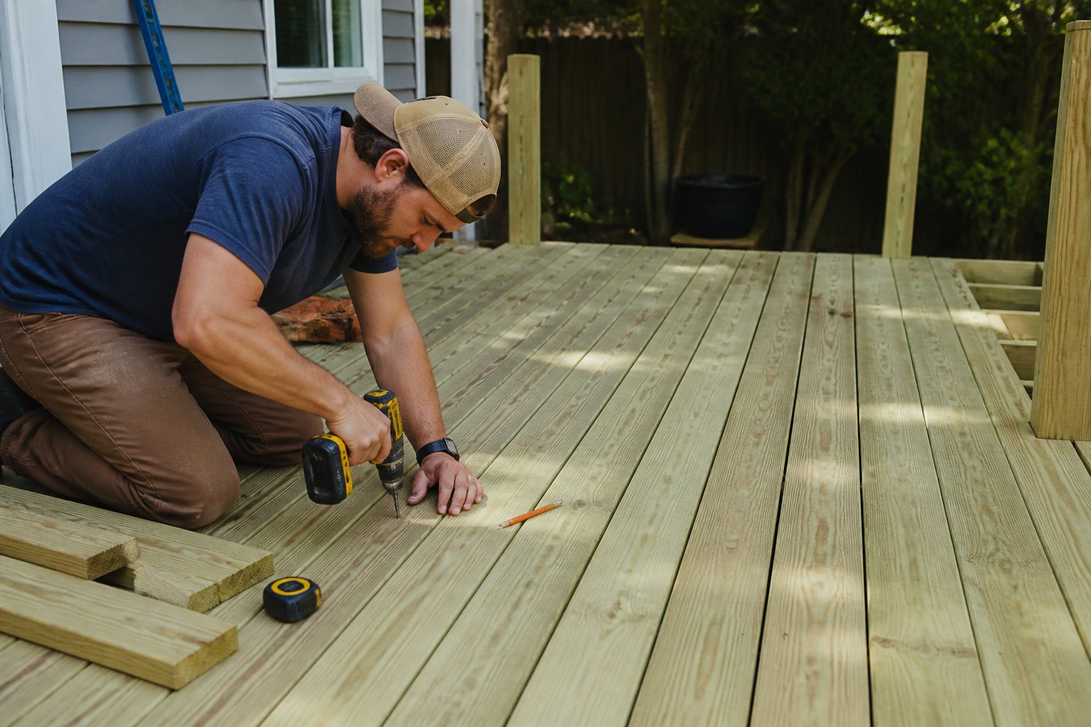 A close-up view of a wooden deck made from pressure-treated boards with tools and hands working on it under soft daylight.