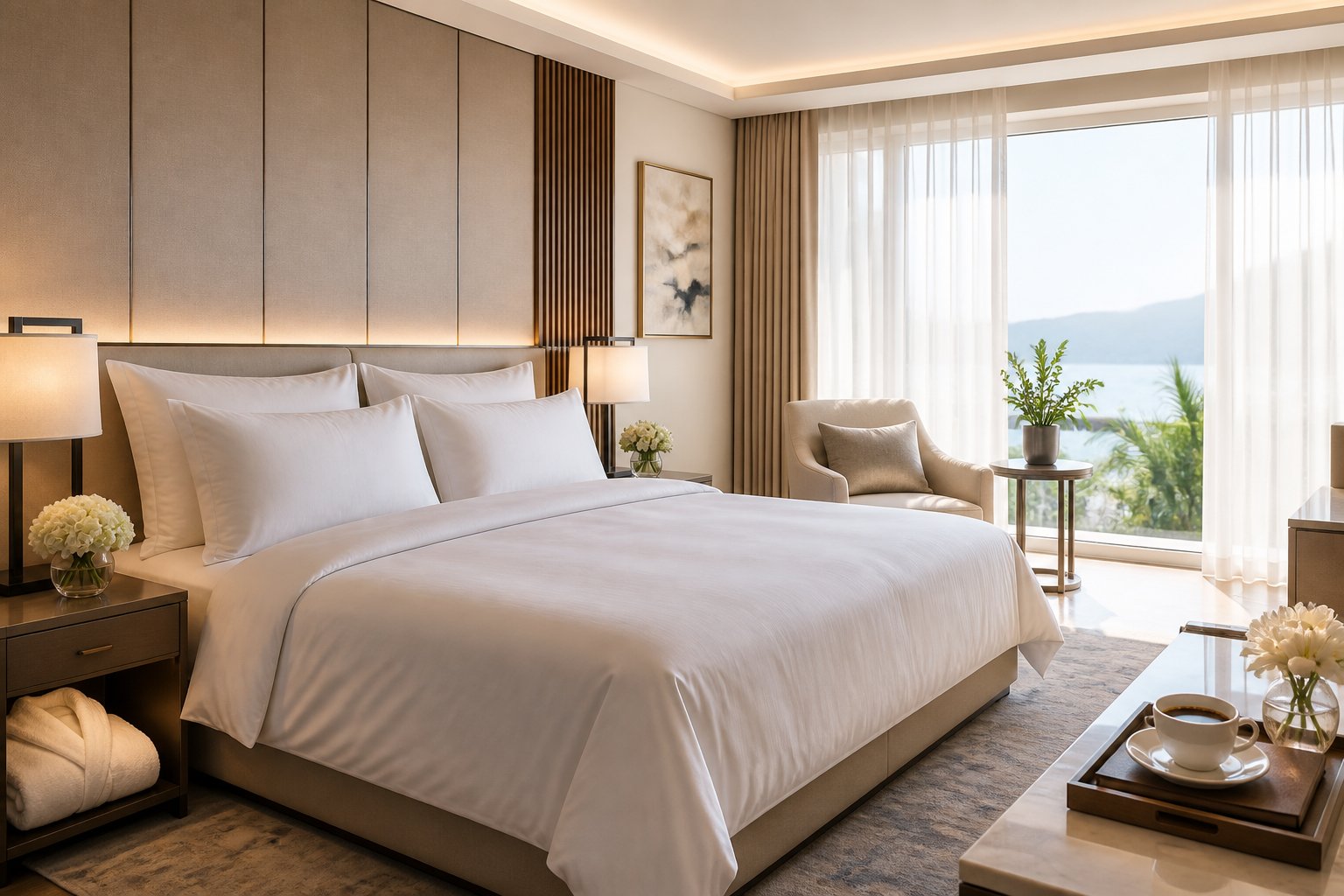 A bright and inviting bedroom with a neatly made king-size bed, soft pillows, fresh flowers on a nightstand, and sunlight streaming through large windows.