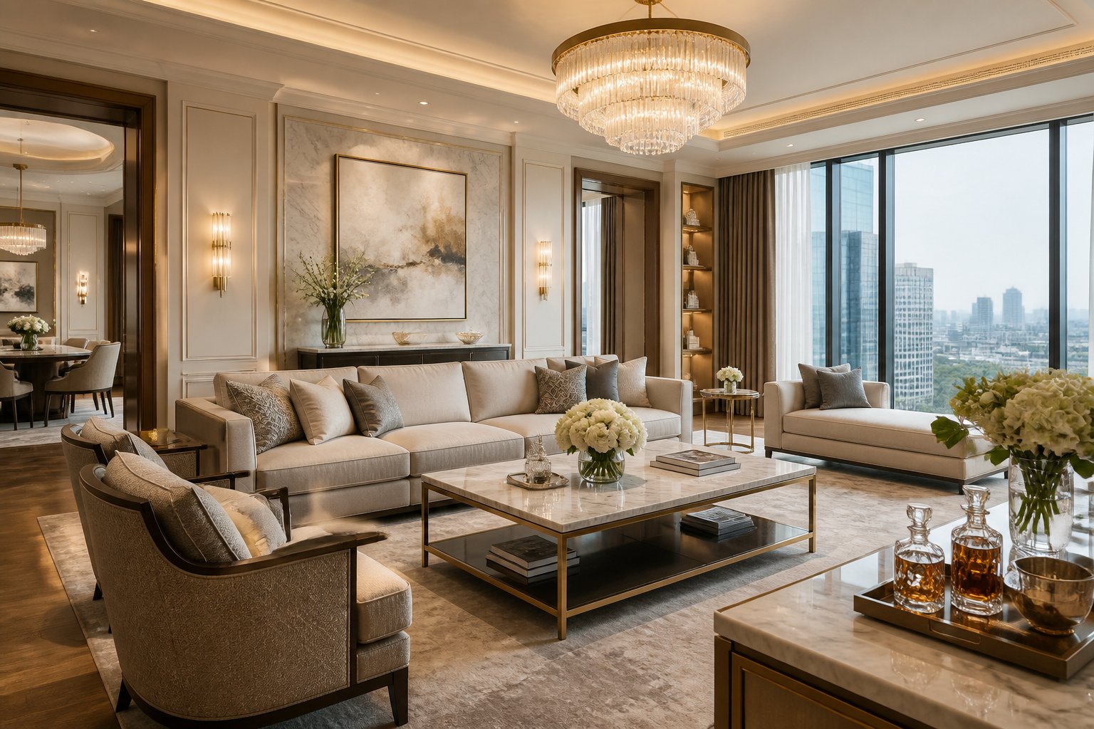 A spacious living room with a comfortable sofa, coffee table with flowers, large windows, and elegant decor.