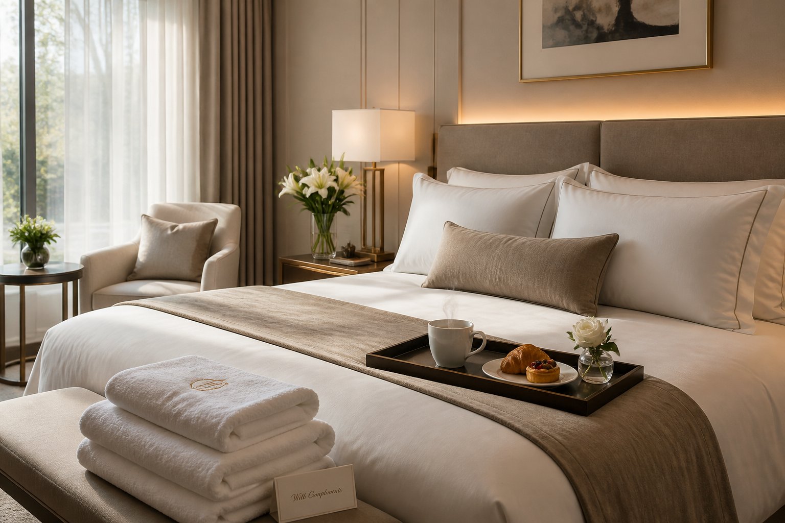 A neatly made bed with white linens, pillows, fresh flowers on a bedside table, a tray with coffee and pastries, and soft natural light filling a cozy bedroom.