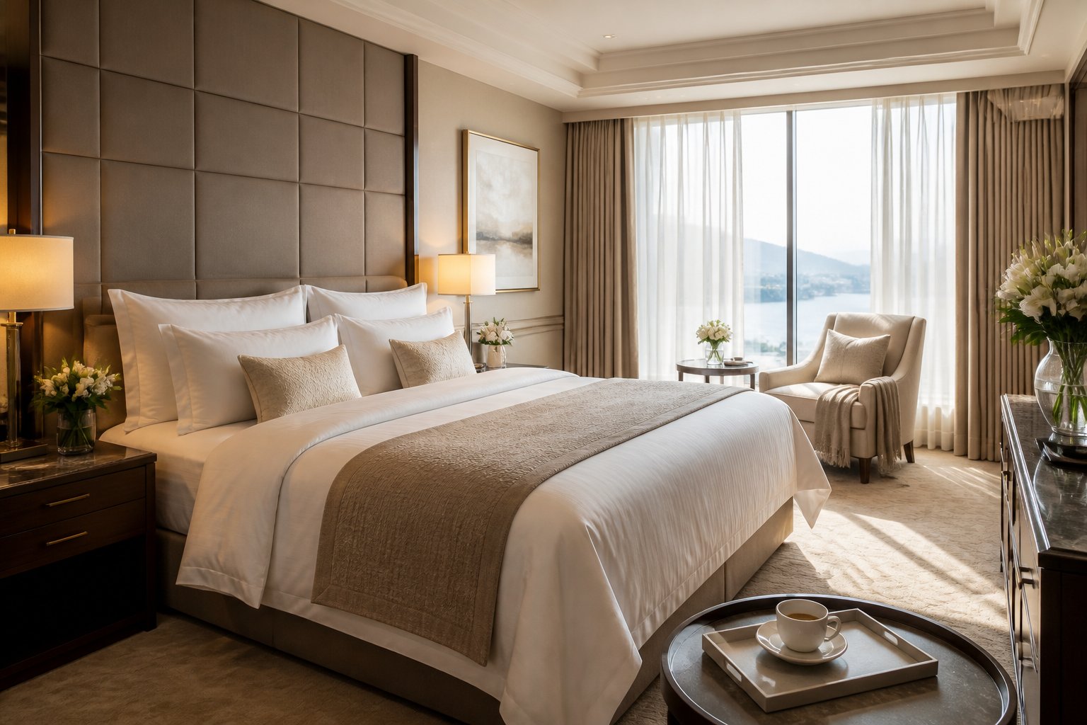 A bright and elegant bedroom with a neatly made king-size bed, soft pillows, a nightstand with a lamp, fresh flowers, an armchair with a throw blanket, and sunlight coming through large windows.
