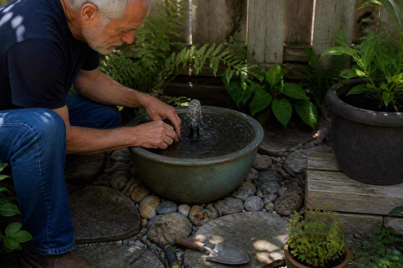 A backyard with several small water features including fountains and ponds, gardening tools and hands adjusting one of the features, surrounded by natural plants and stones.
