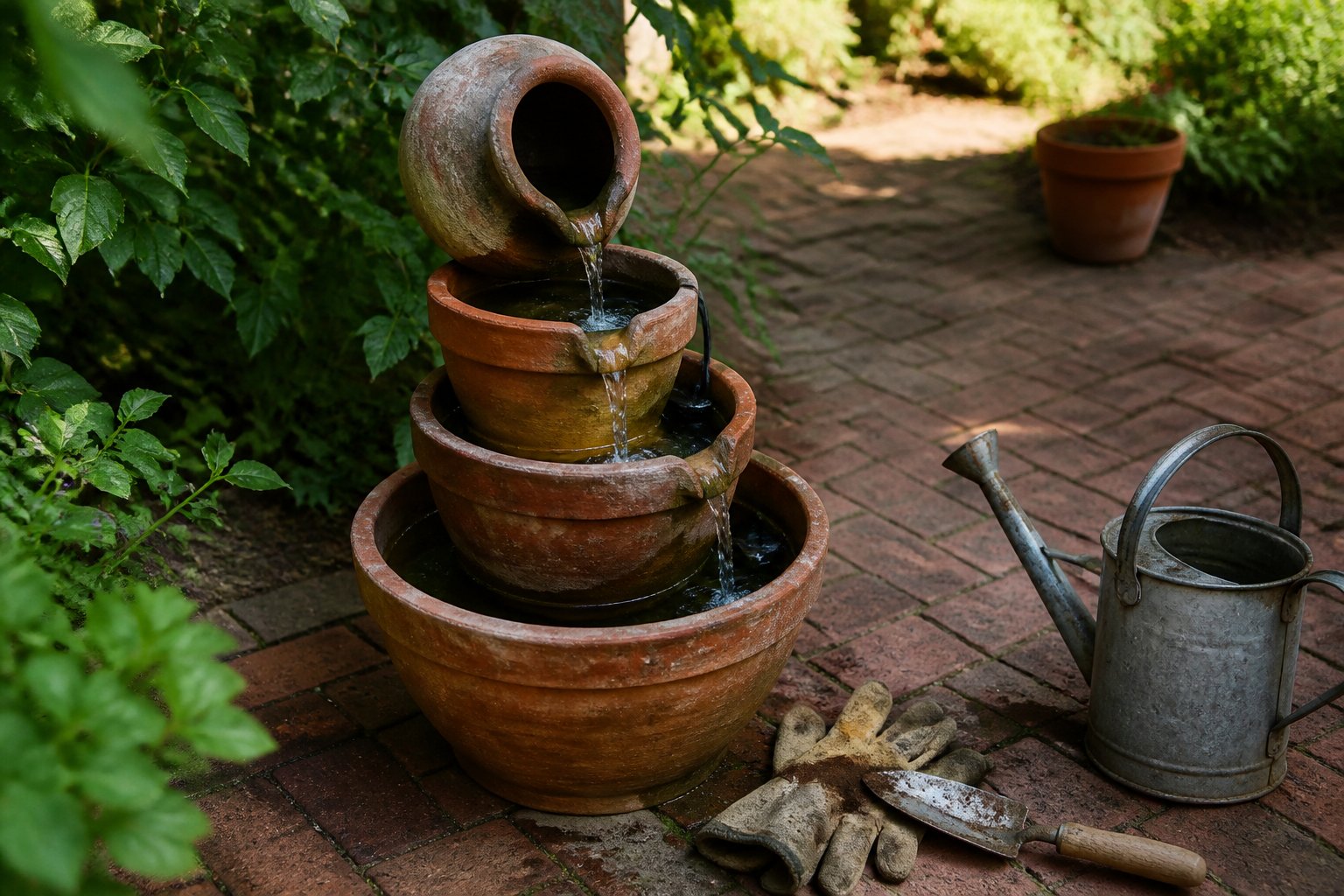 A backyard scene showing a solar-powered terra cotta fountain made from stacked clay pots with water flowing, surrounded by gardening tools and greenery.