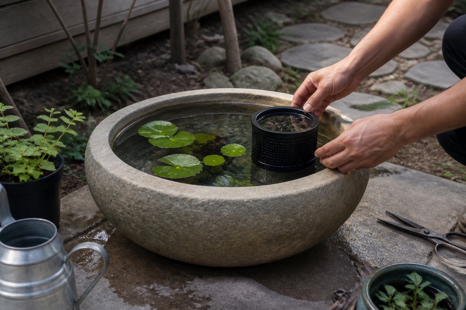 A stone shallow bowl fountain with a basket filter in a backyard, surrounded by gardening tools and hands adjusting the fountain.