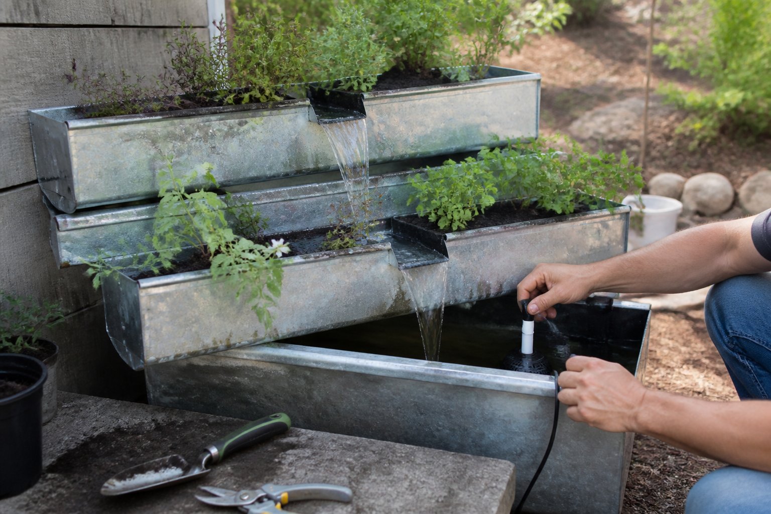 A backyard rain gutter waterfall planter with water flowing over galvanized gutters, surrounded by plants and gardening tools, with hands adjusting the setup.